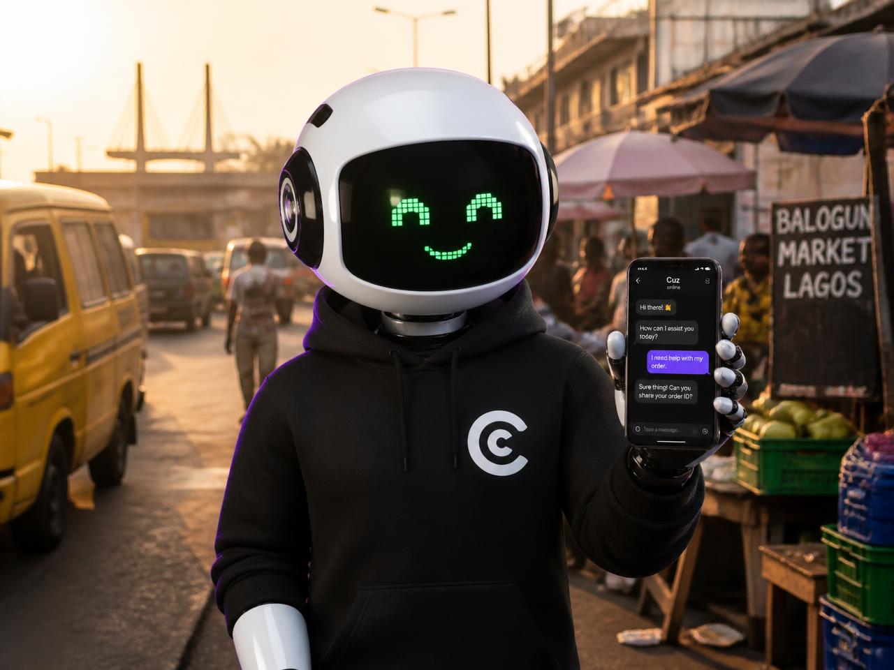 CredaFi assistant holding a phone in a Lagos street market at golden hour