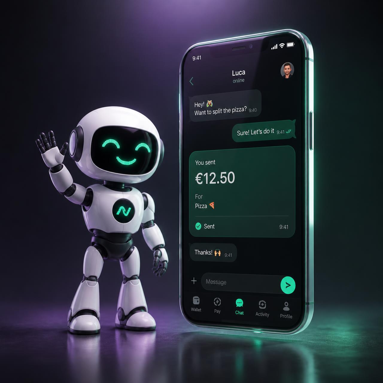 CredaFi AI assistant beside a phone showing a payment confirmed in a chat