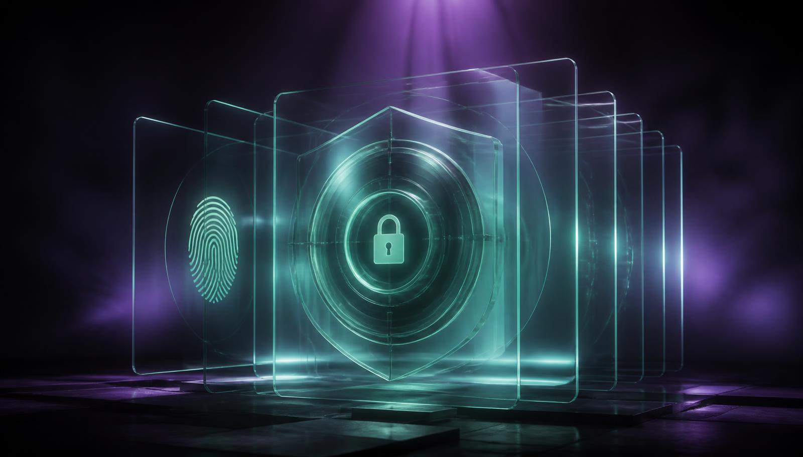 Layered glass security shields representing CredaFi's trust architecture